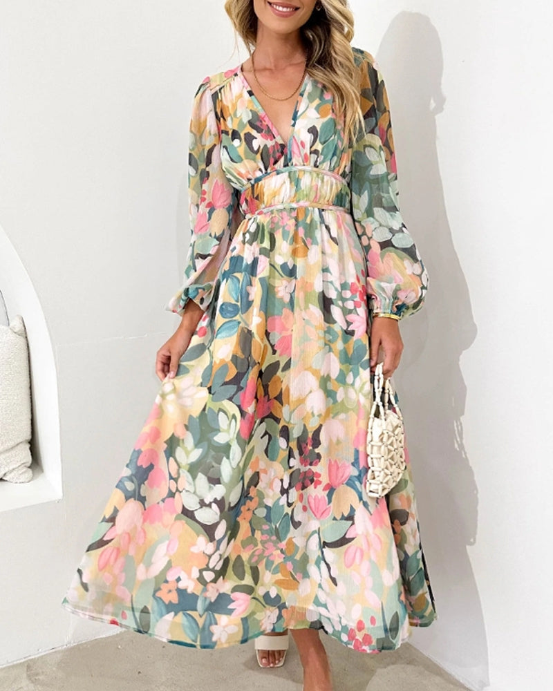 Lydia | Elegante lange jurk met bloemenprint en ballonmouwen